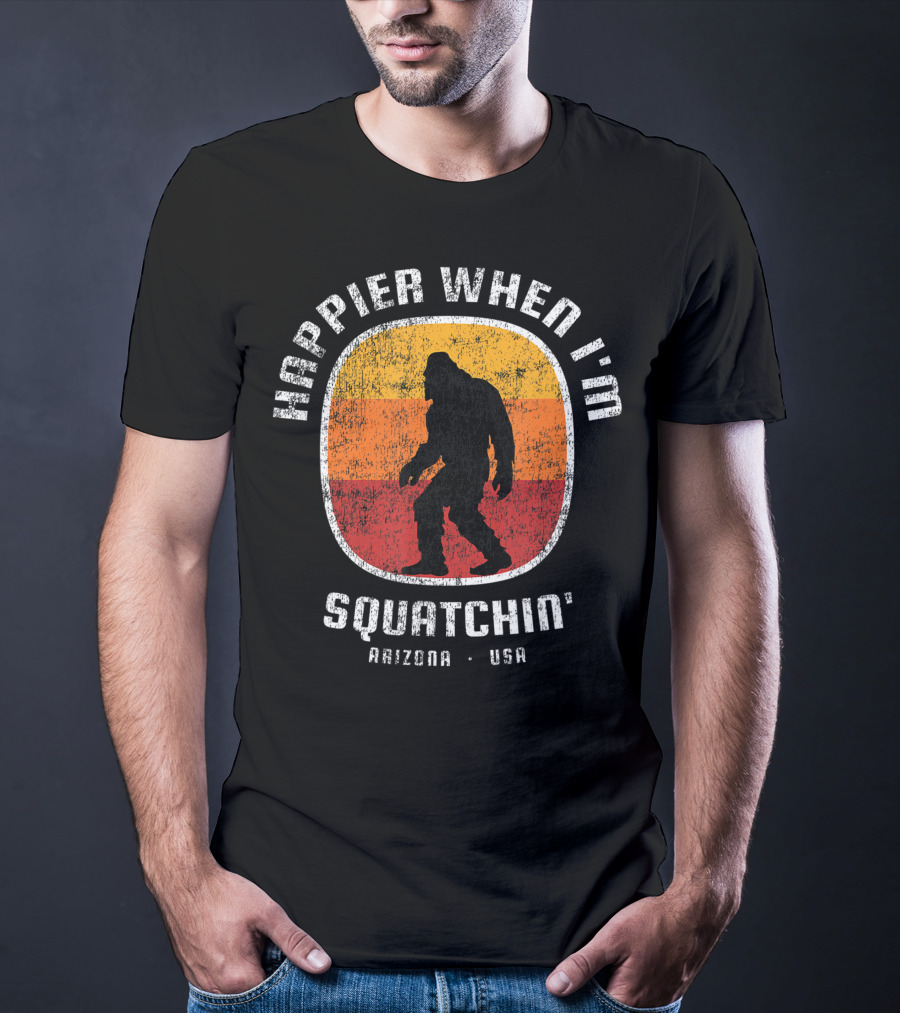 Happier When I'm Squatchin' Arizona USA Sasquatch Silhouette Retro Stripes T-Shirt