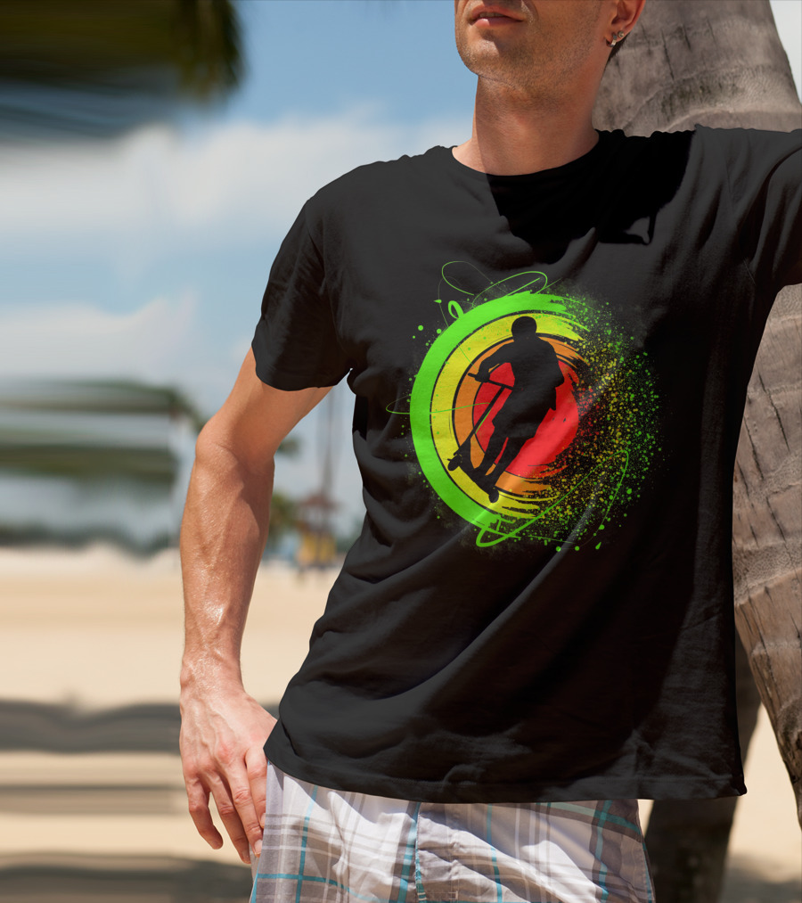 Scooter Stunt Action Silhouette In Vivid Circular Splash T-Shirt