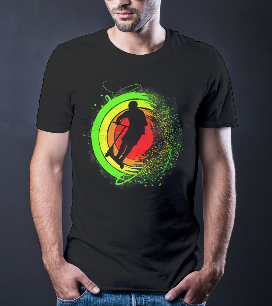 Scooter Stunt Action Silhouette In Vivid Circular Splash T-Shirt