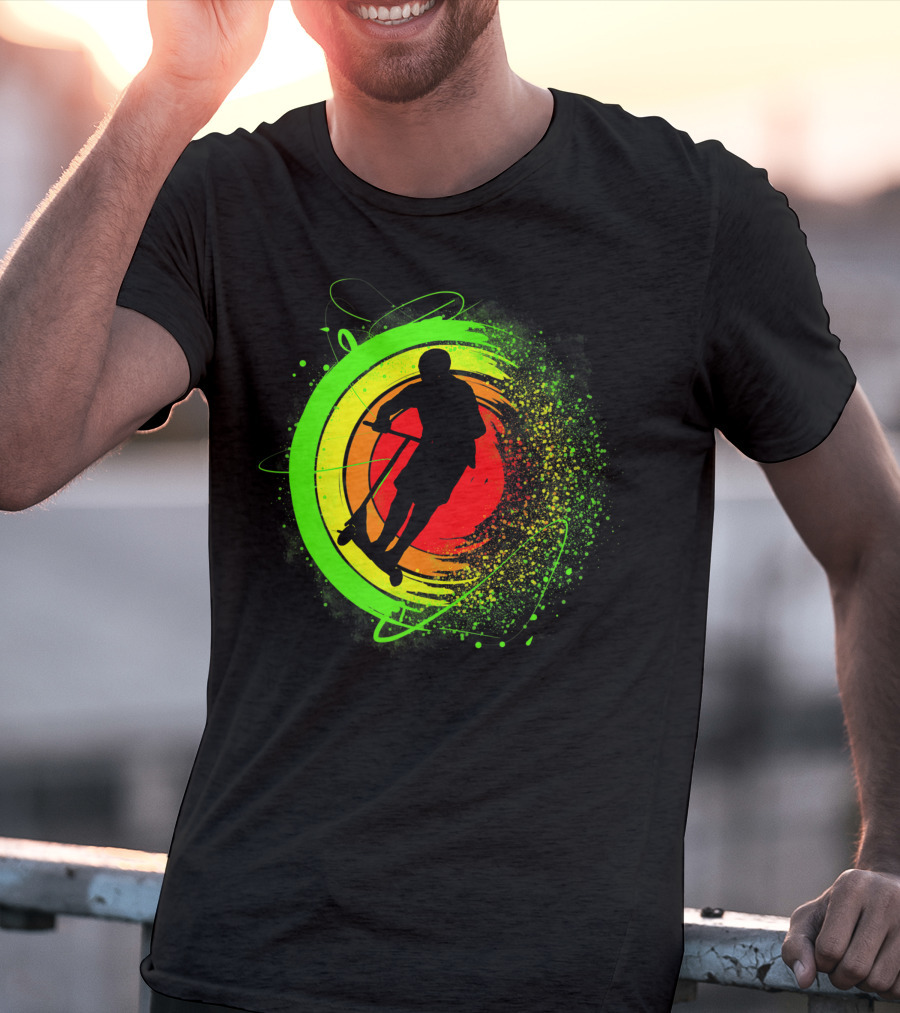 Scooter Stunt Action Silhouette In Vivid Circular Splash T-Shirt