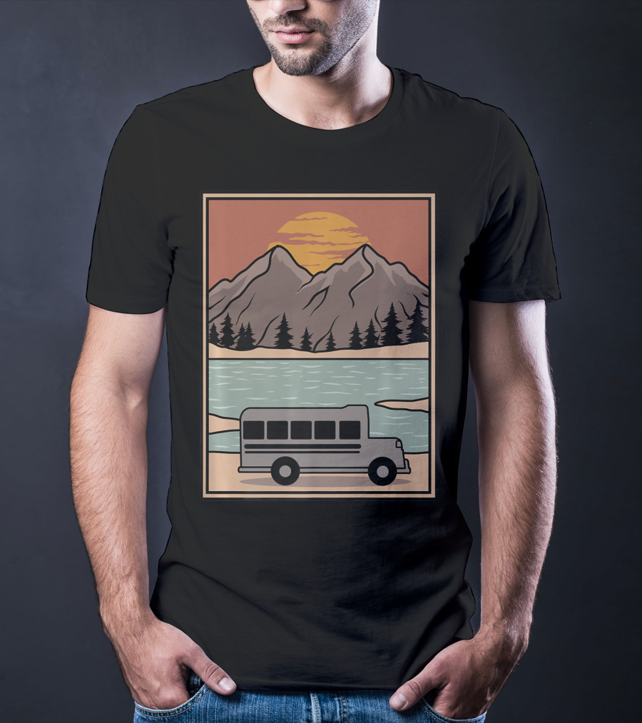 Vintage Skoolie Bus Conversion Scenic Mountain Lake Sunset T-Shirt