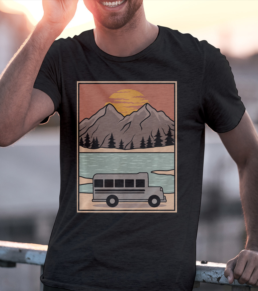 Vintage Skoolie Bus Conversion Scenic Mountain Lake Sunset T-Shirt