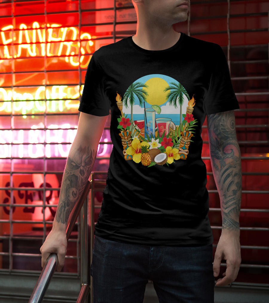 Tropical Sunset With Palm Trees And Exotic Drinks Amidst Tiki Torches And Hibiscus Flowers T-Shirt