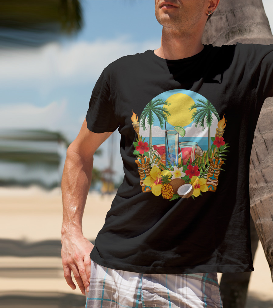 Tropical Sunset With Palm Trees And Exotic Drinks Amidst Tiki Torches And Hibiscus Flowers T-Shirt