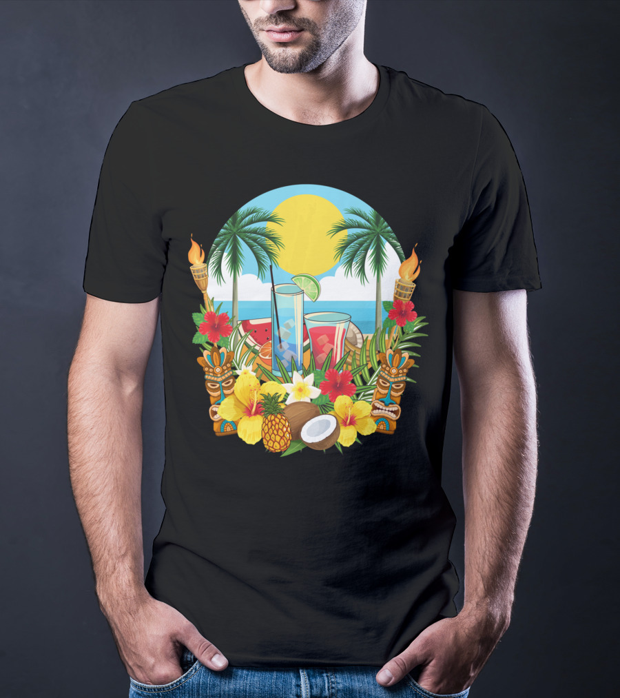 Tropical Sunset With Palm Trees And Exotic Drinks Amidst Tiki Torches And Hibiscus Flowers T-Shirt