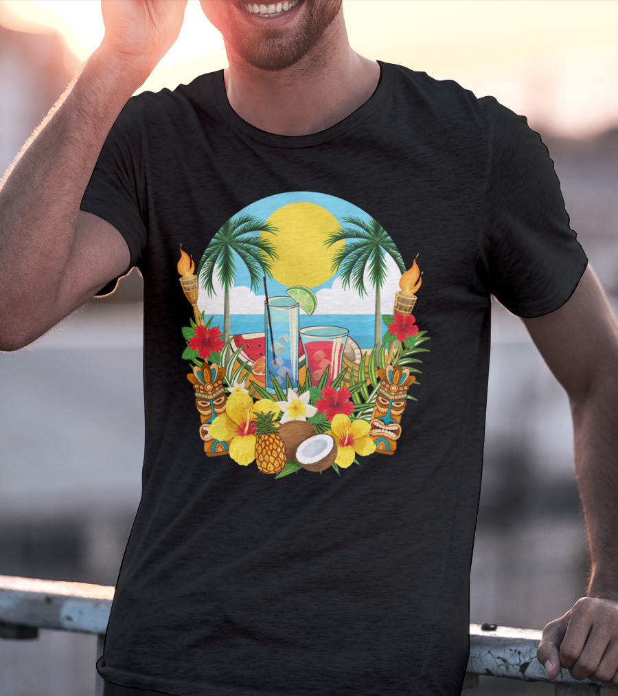 Tropical Sunset With Palm Trees And Exotic Drinks Amidst Tiki Torches And Hibiscus Flowers T-Shirt