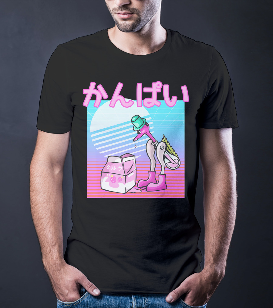 Vaporwave Strawberry Milk Kanpai Drinking Bird Toy Japanese T-Shirt