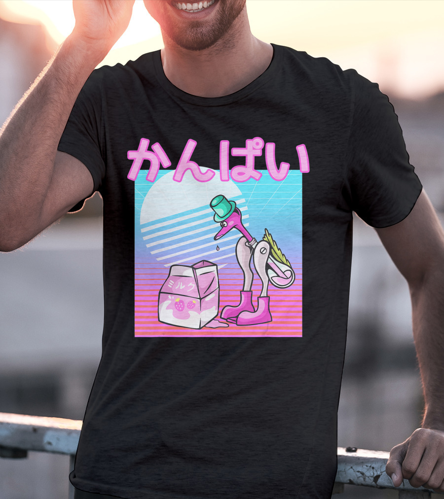 Vaporwave Strawberry Milk Kanpai Drinking Bird Toy Japanese T-Shirt