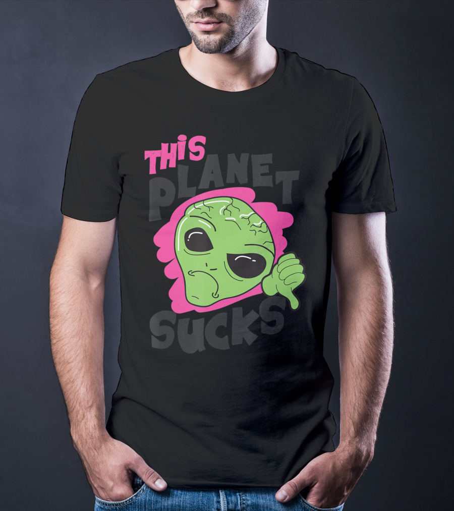 Green Alien Head Face This Planet Sucks Thumbs Down T-Shirt