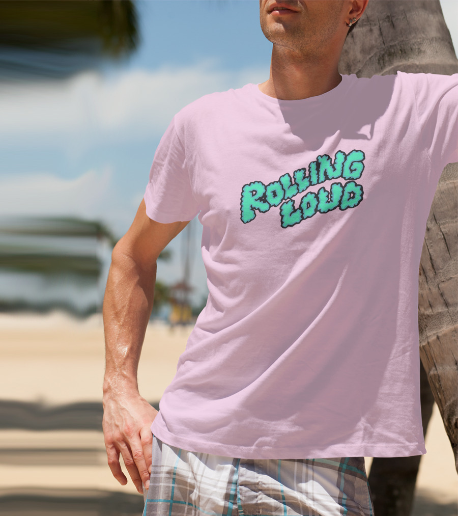 Rolling Loud Puffy Text Design On Pastel Pink Background T-Shirt