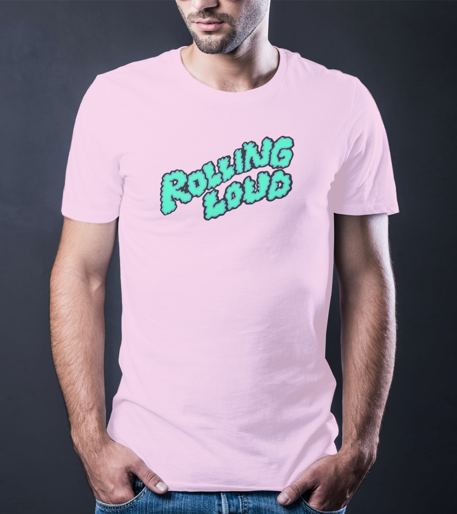 Rolling Loud Puffy Text Design On Pastel Pink Background T-Shirt