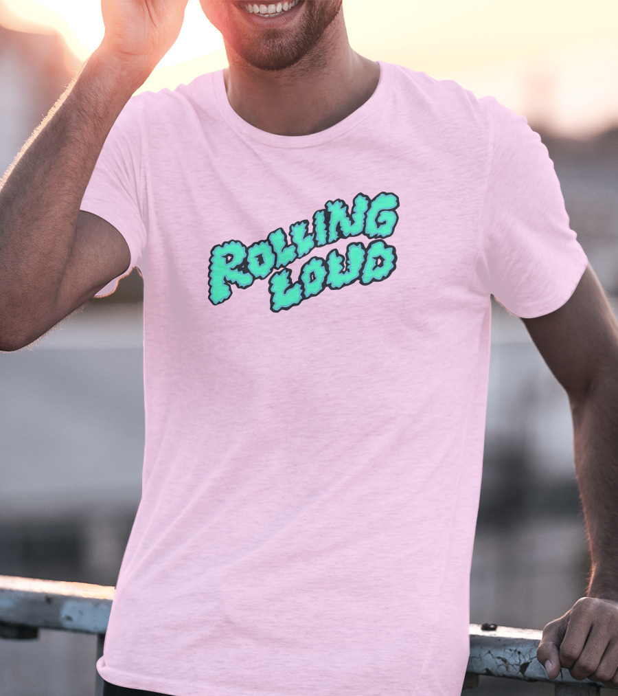 Rolling Loud Puffy Text Design On Pastel Pink Background T-Shirt