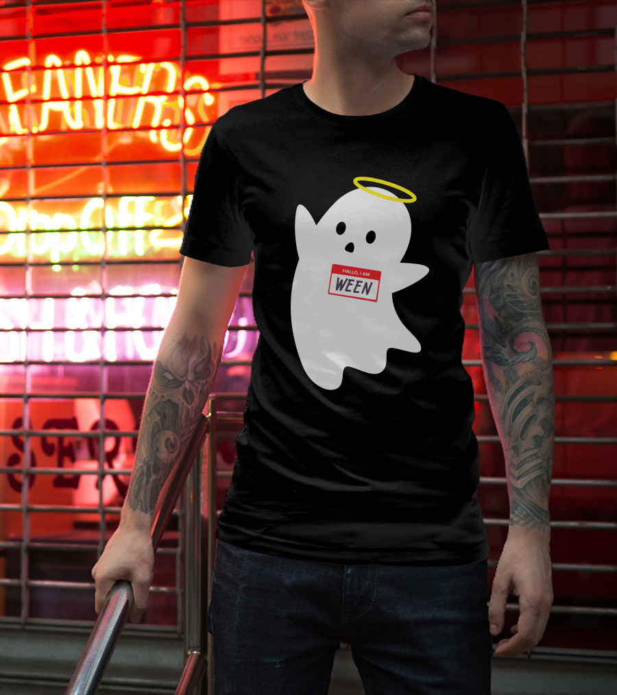 Wholesome Hallo I Am Ween Ghost With Halo And Nametag T-Shirt