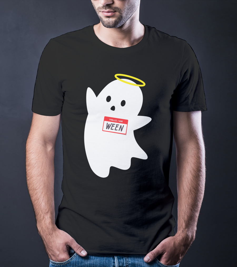 Wholesome Hallo I Am Ween Ghost With Halo And Nametag T-Shirt