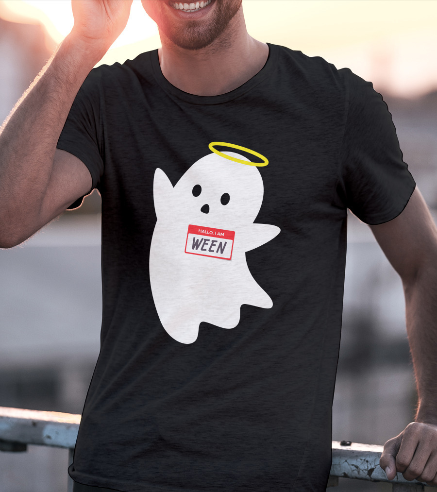Wholesome Hallo I Am Ween Ghost With Halo And Nametag T-Shirt