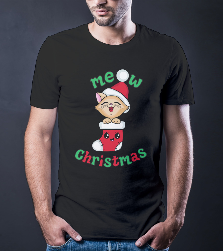 Meow Christmas Cute Kitten In Santa Hat And Stocking T-Shirt