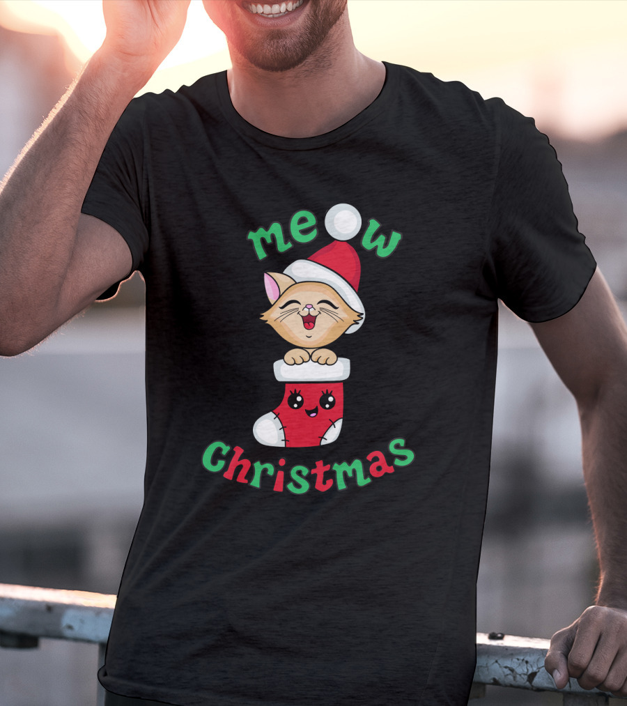 Meow Christmas Cute Kitten In Santa Hat And Stocking T-Shirt