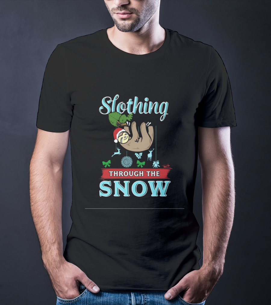 Slothing Through The Snow With Santa Hat And Christmas Decorations T-Shirt