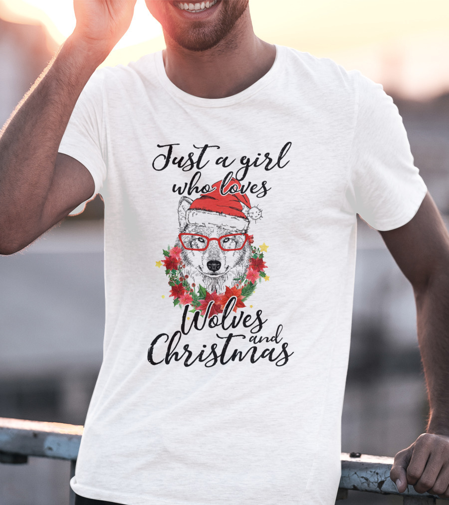 Girl's Love For Wolves And Christmas Santa Hat And Glasses T-Shirt