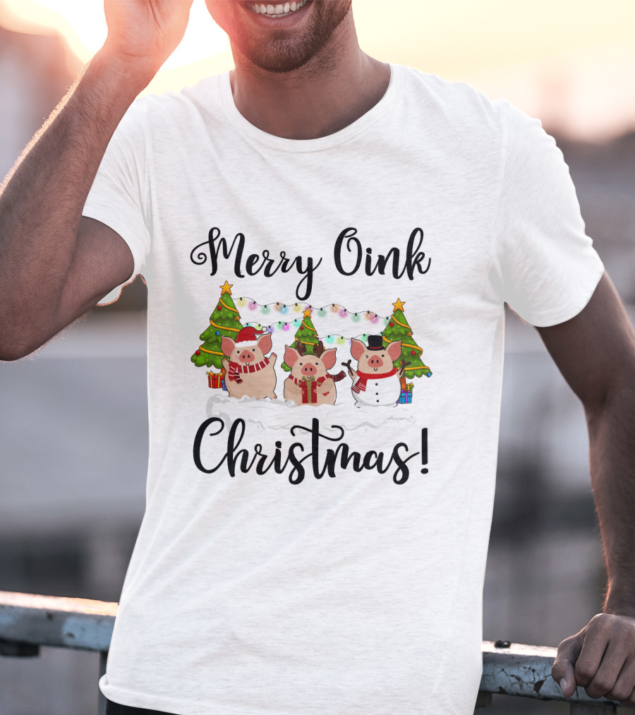 Merry Oink Christmas Pigs With Festive Trees And Lights T-Shirt