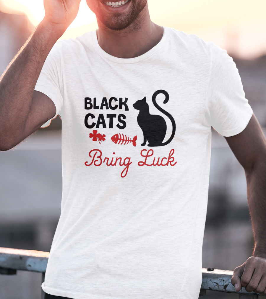 Black Cats Bring Luck Shamrock And Fishbone Icon Holiday Present T-Shirt