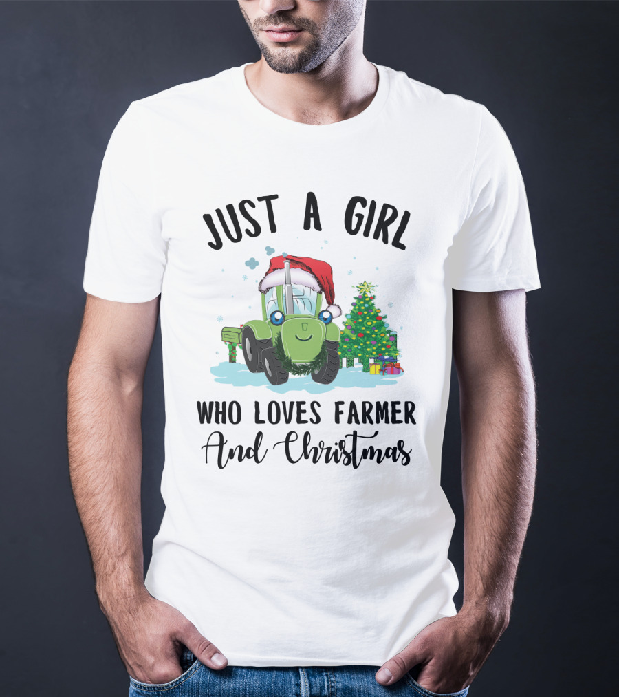 Just A Girl Who Loves Farmer And Christmas With Santa Hat Tractor And Christmas Tree T-Shirt