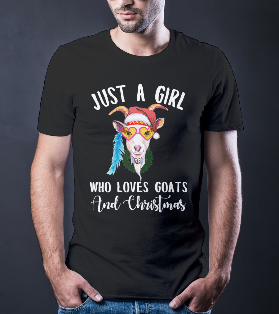 Just A Girl Who Loves Goats And Christmas With Santa Hat Peace Sign Glasses T-Shirt