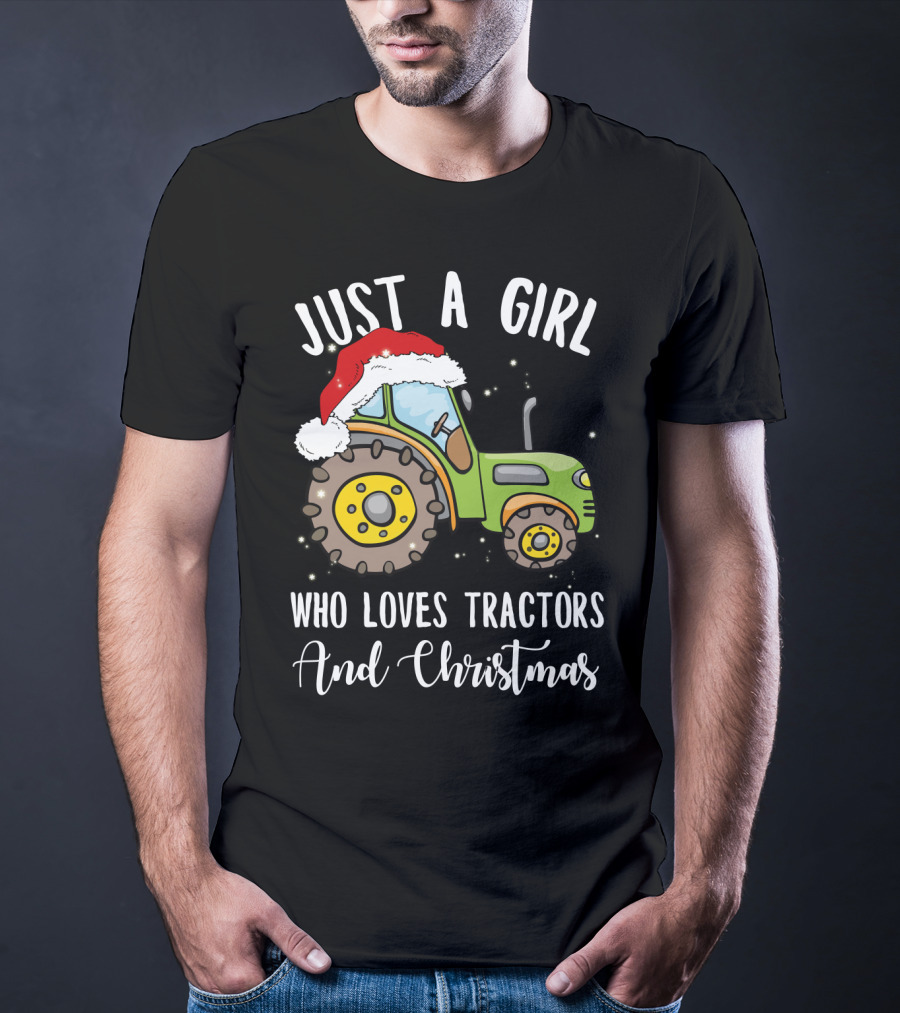 Just A Girl Who Loves Tractors And Christmas With Santa Hat T-Shirt