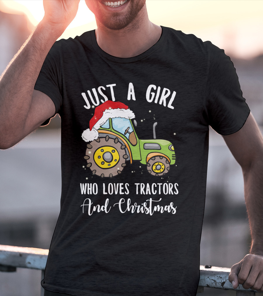 Just A Girl Who Loves Tractors And Christmas With Santa Hat T-Shirt