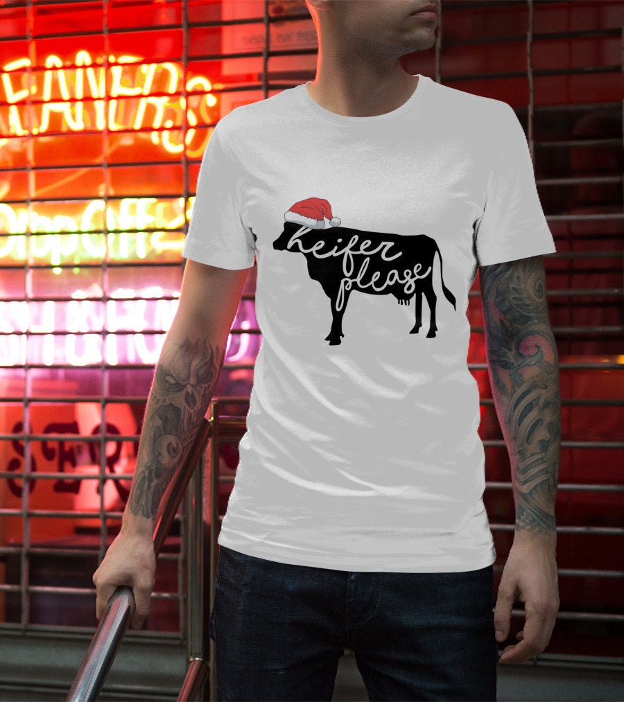 Merry Christmas Heifer Please Silhouette With Santa Hat T-Shirt