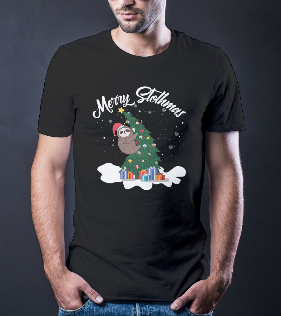 Merry Slothmas Sloth On Christmas Tree With Gifts And Snowflakes T-Shirt