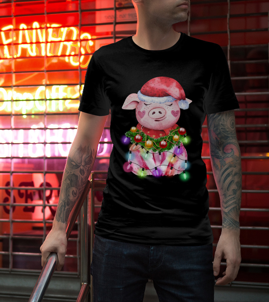 Santa Hat Heart Cheek Pink Pig Wrapped In Christmas Lights T-Shirt