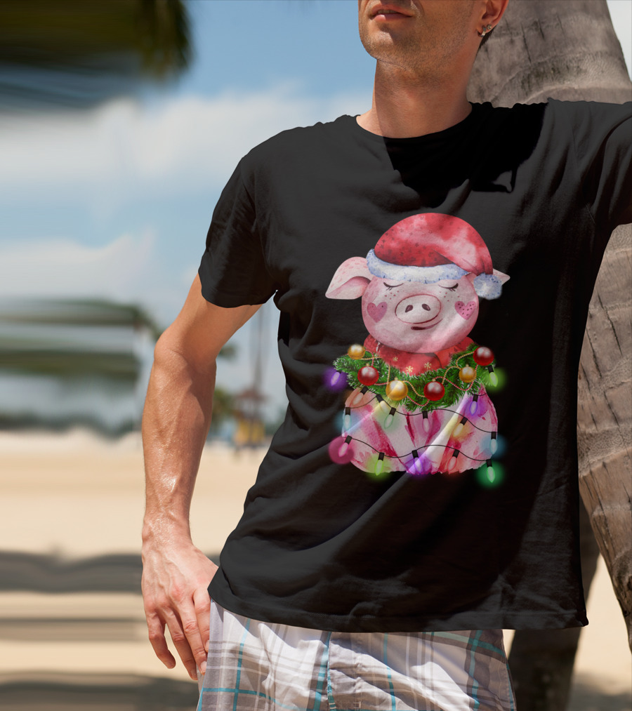Santa Hat Heart Cheek Pink Pig Wrapped In Christmas Lights T-Shirt