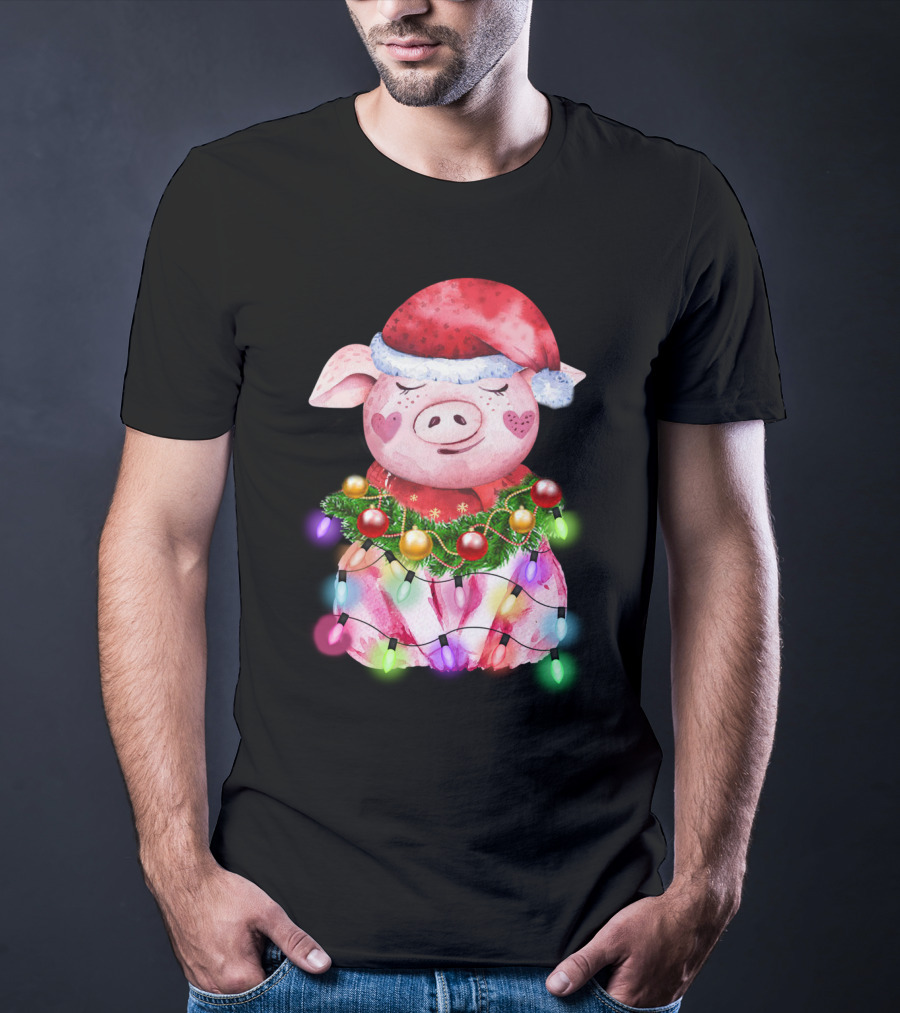 Santa Hat Heart Cheek Pink Pig Wrapped In Christmas Lights T-Shirt
