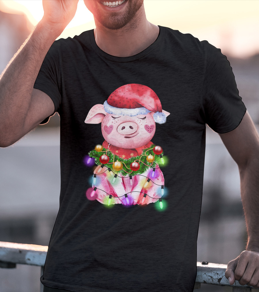 Santa Hat Heart Cheek Pink Pig Wrapped In Christmas Lights T-Shirt