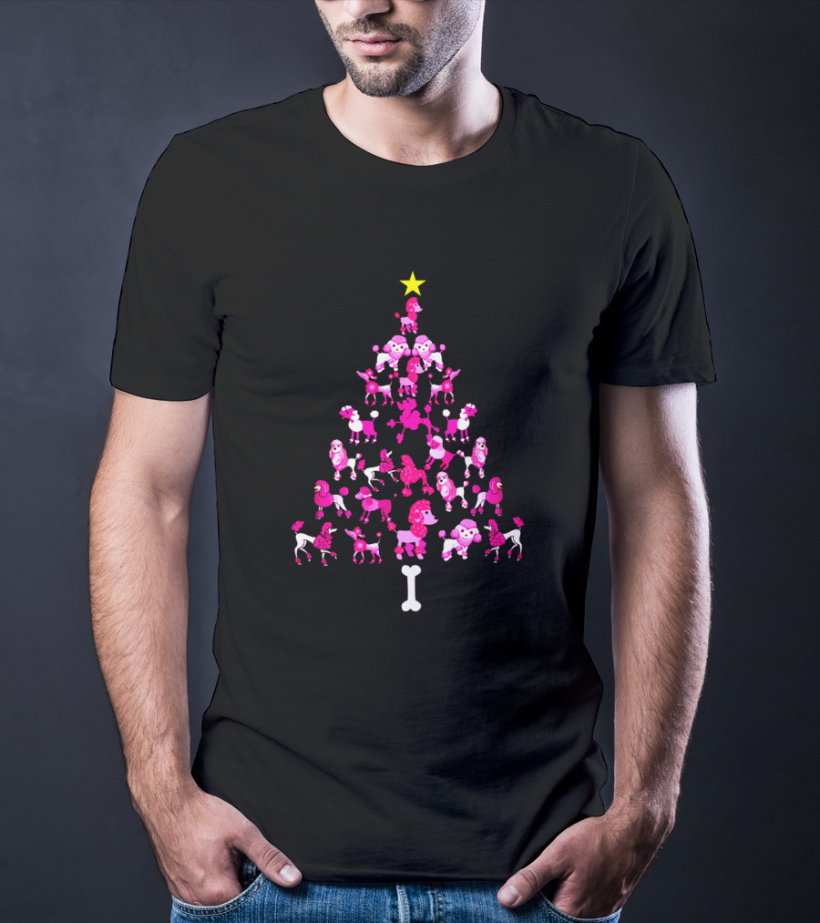 Poodles Dogs Forming Christmas Tree With Star And Bone Base T-Shirt