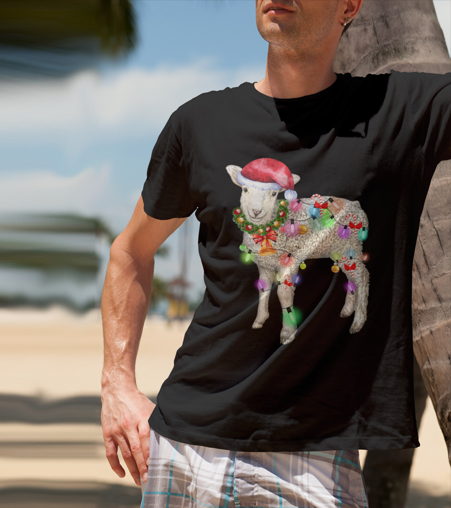 Christmas Sheep With Santa Hat And Holiday Lights T-Shirt