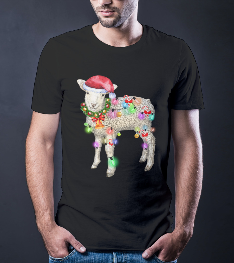 Christmas Sheep With Santa Hat And Holiday Lights T-Shirt