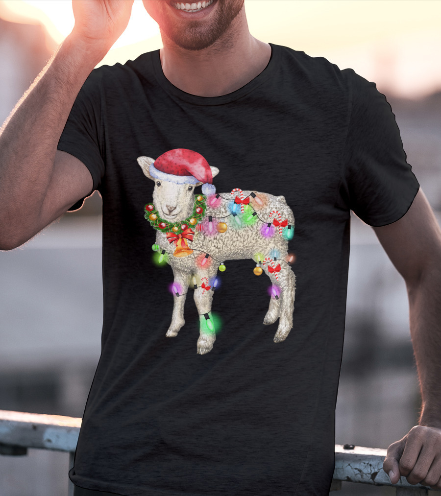Christmas Sheep With Santa Hat And Holiday Lights T-Shirt