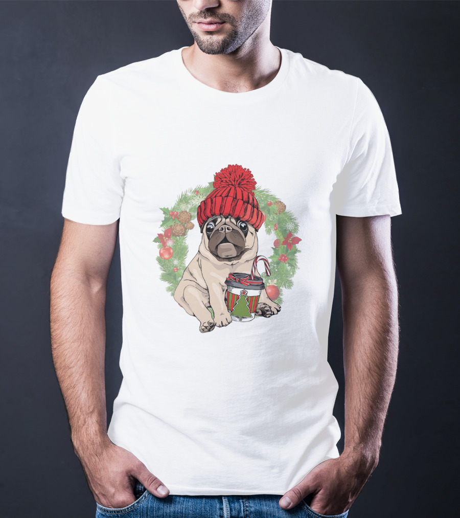 Festive Pug In Red Hat Holding Christmas Cup Surrounded By Holiday Wreath T-Shirt