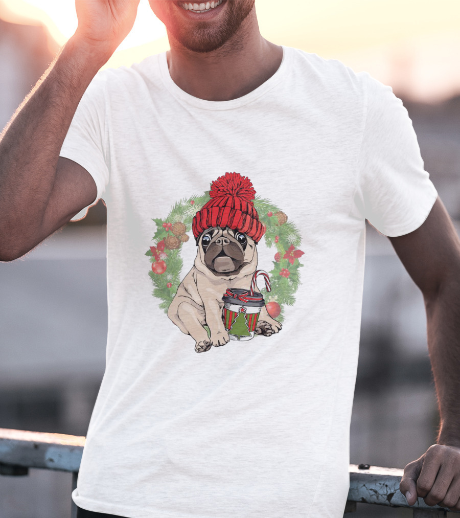 Festive Pug In Red Hat Holding Christmas Cup Surrounded By Holiday Wreath T-Shirt