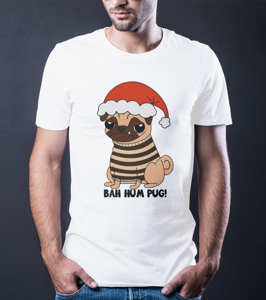 Bah Hum Pug Christmas Santa Hat Grumpy Holiday Pug Stripe T-Shirt