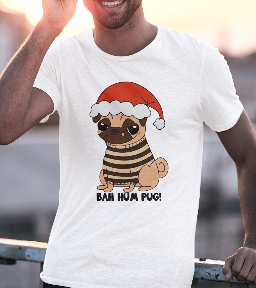 Bah Hum Pug Christmas Santa Hat Grumpy Holiday Pug Stripe T-Shirt