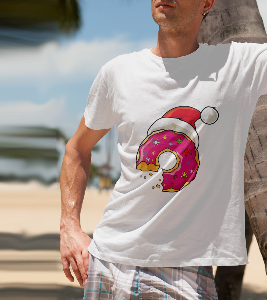 Santa Hat Candy Xmas Donut With Pink Frosting And Stars T-Shirt