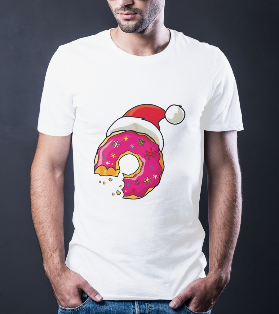 Santa Hat Candy Xmas Donut With Pink Frosting And Stars T-Shirt