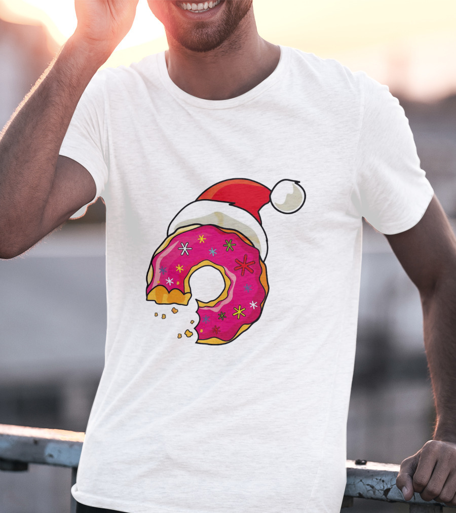 Santa Hat Candy Xmas Donut With Pink Frosting And Stars T-Shirt