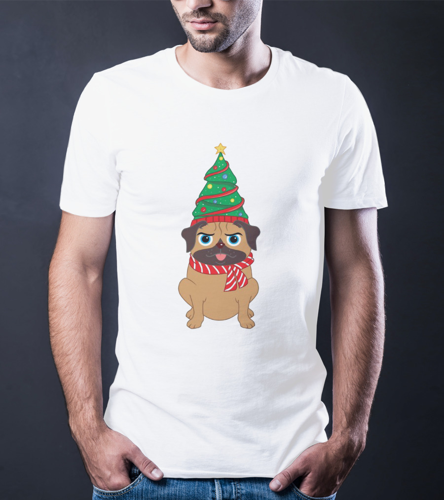 Snuggly Pug With Christmas Tree Hat And Festive Scarf Holiday T-Shirt