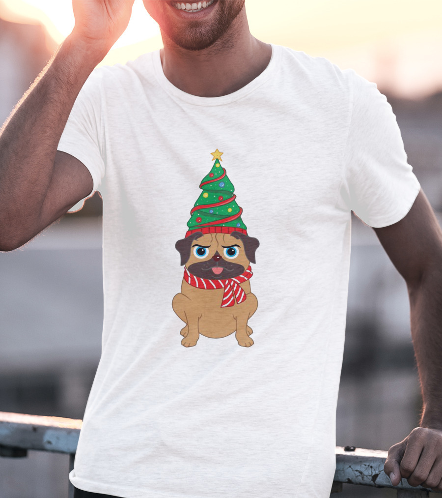 Snuggly Pug With Christmas Tree Hat And Festive Scarf Holiday T-Shirt