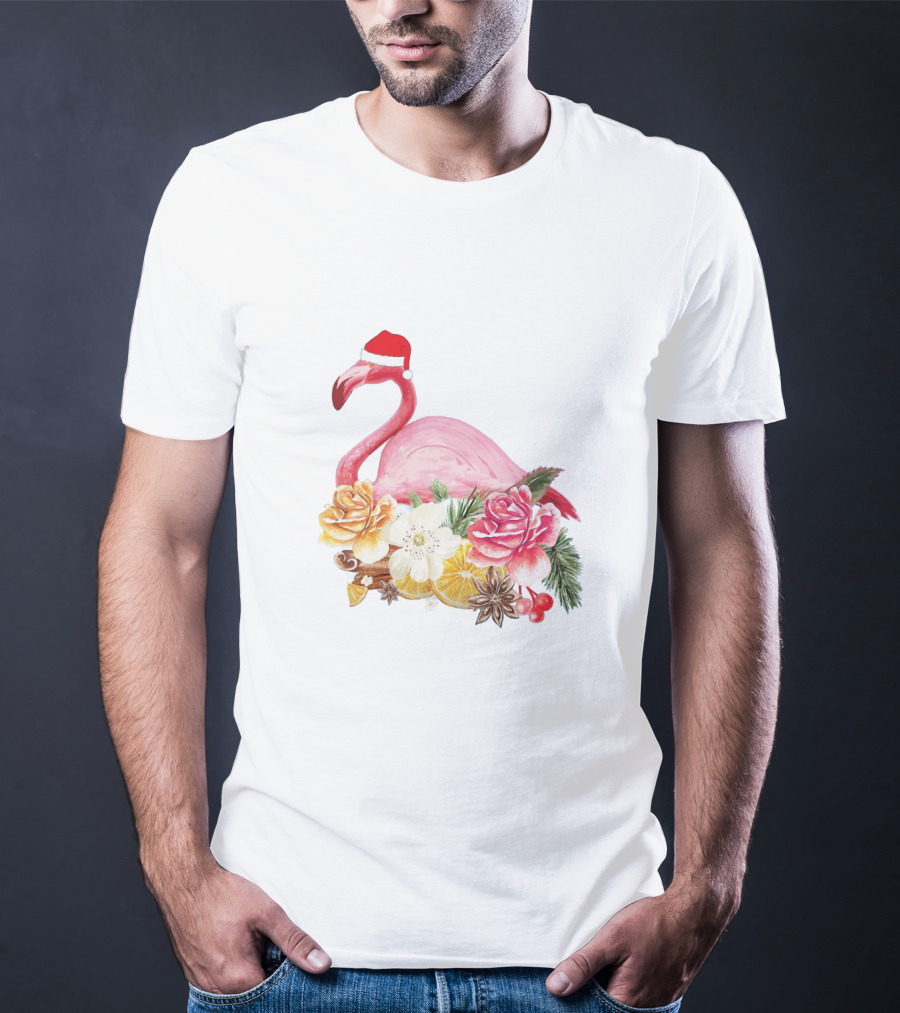 Festive Flamingo With Santa Hat And Holiday Floral Arrangement T-Shirt