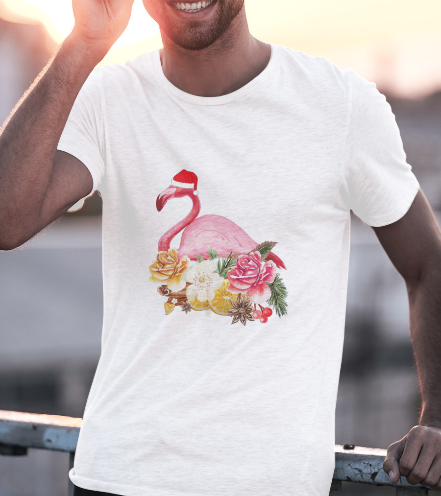 Festive Flamingo With Santa Hat And Holiday Floral Arrangement T-Shirt